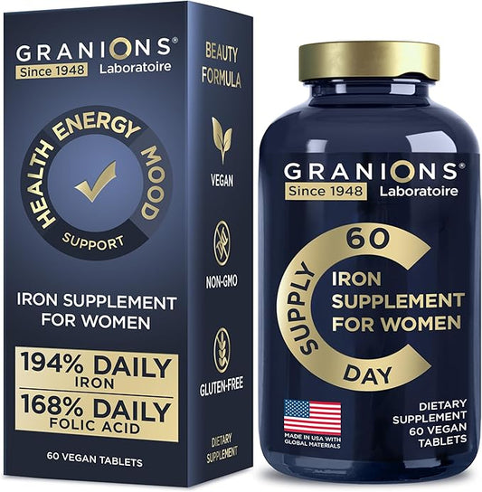 Vegan Iron Supplements for Women - 194% Daily Womens Iron Supplement for Pregnancy and Anemia Folic Acid Prenatal Vitamins - 168% Folate Folic Acid - 60 Tablets