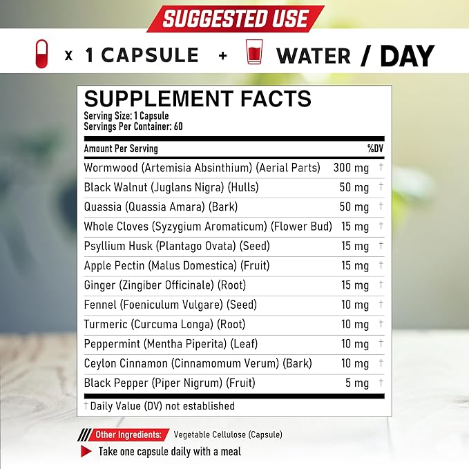 12in1 Wormwood Capsules Black Walnut Cloves, Ginger, Turmeric Curcumin & Black Pepper - Support Digestion Health, Immune System - 60 Capsules
