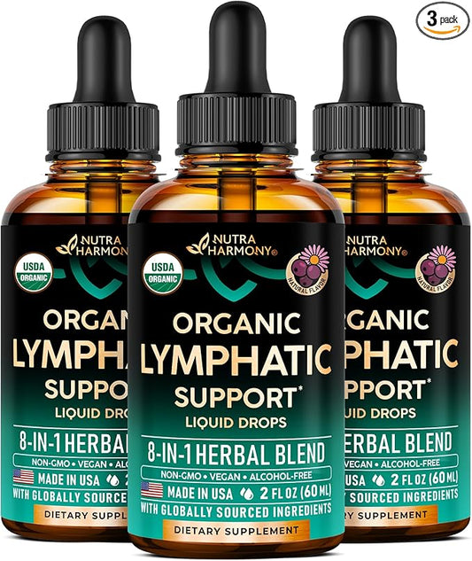 USDA Organic Lymphatic Drainage Supplement - Echinacea | Elderberry | Dandelion | Rosehip | Cleavers | Calendula | Burdock - Made in USA - Lymph System Drops - Immune Support, Cleanse & Detox, 3 Pack