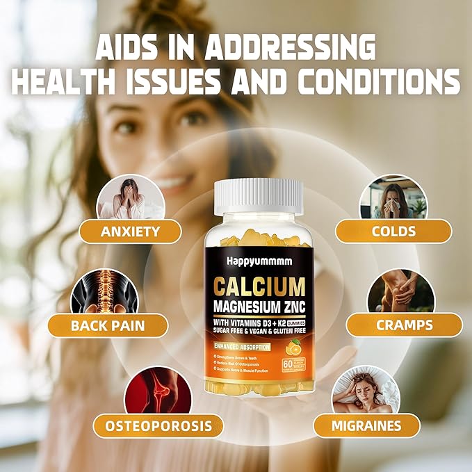Calcium Magnesium Zinc Gummies with Vitamin D3 & K2 - High Potency Enhanced Absorption -60 Orange Gummies Flavored.