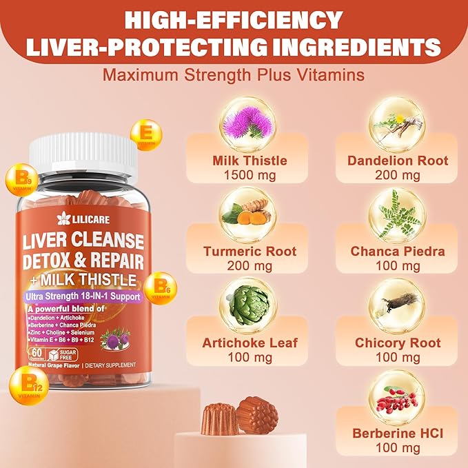 Milk Thistle Liver Detox Gummies, 18-IN-1 Liver Cleanse Detox & Repair Supplement with Berberine, Chicory Root, Turmeric, Artichoke, Dandelion Root, Chanca Piedra,Vitamins B6 B9 B12-Pack of 2