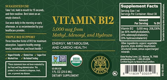 Global Healing Center - Vitamin B12 5000 mcg, Organic Sublingual Liquid Drops | 3-in-1 Methylcobalamin, Adenosylcobalamin, Hydroxo Blend, 1 Fl Oz (2-Pack)