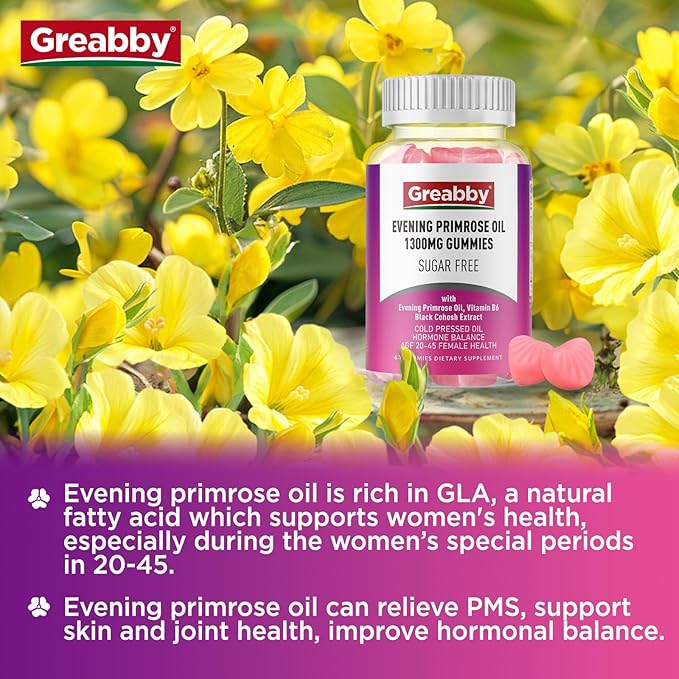 Evening Primrose Oil Gummies 1300mg with Black Cohosh & Vitamin B6, Sugar-Free, PMS Relief Supplements for Women 20-45, Chewable PMS Gummies, Strawberry Flavor, Vegan, Pectin, 60 Count