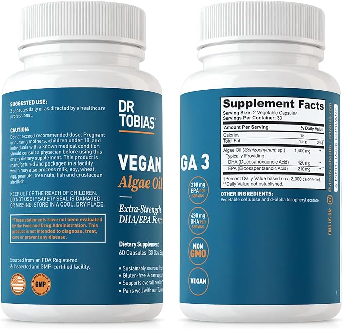 Dr. Tobias Vegan Omega 3 Supplement, 1400mg Algae Oil, 420mg DHA, and 210mg EPA per Serving, Non-GMO, Gluten-Free, Carrageenan-Free, 60 Capsules, 30 Servings