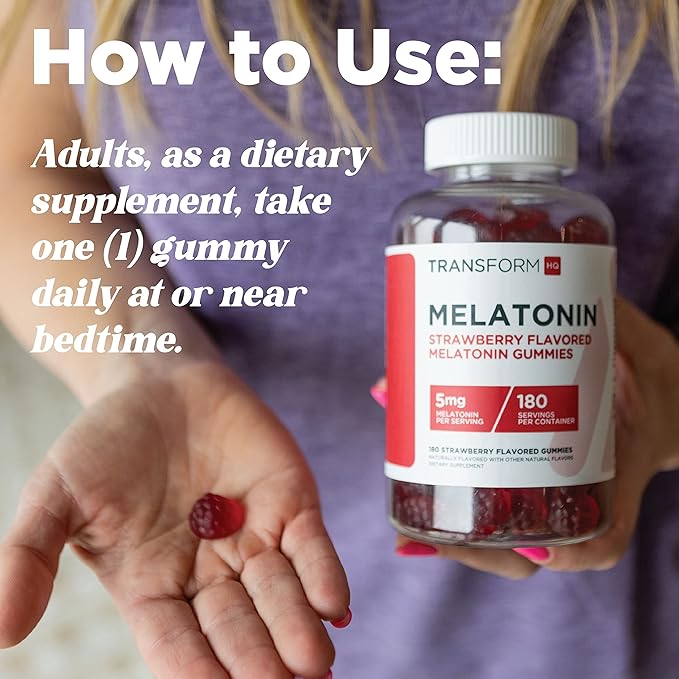 TransformHQ Melatonin (5mg) 180 Gummies, Strawberry Flavored - Gluten Free, Non-GMO