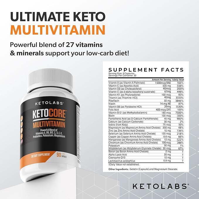 Ketocore Keto Vitamins | Keto Multivitamin for Men & Women | Keto Supplements & Carnivore Diet Supplements, Keto Friendly Multivitamin | No Keto Flu | Rich in Magnesium & Potassium | 90 Capsules