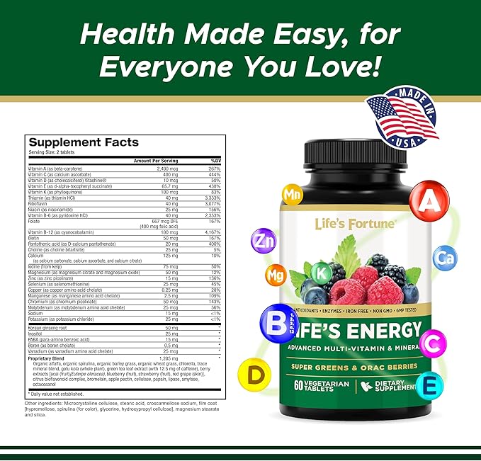 Life's Fortune Life's Energy Advanced Multi-Vitamin and Mineral for Men & Women, Non-GMO - Super Greens - ORAC Berries - AntiOxidants - Enzymes - Iron Free - GMP Tested, 60 Veggie Tablets