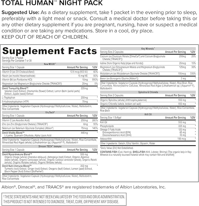 ONNIT Total Human Adult Multivitamin Dietary Supplement Comprehensive Capsule Packs with Day and Night Support, Daily Vitamin Packs for Men and Women, Dietary Supplement Capsules, 7-Day Supply