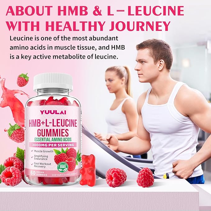 HMB and L-Leucine Gummies, 3000mg HMB and Leucine Amino Acid for Men Women, for Muscle Growth, Muscle Relief, and Fast Workout Recovery, Vegan, Raspberry Flavor, 60 Count