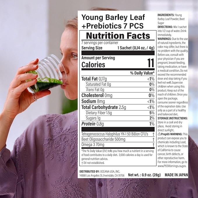 Digestive Enzymes with Probiotics and Prebiotics for All Types, Women & Men, Super Greens Made with Young Barley Leaf Powder & Probiotic Powder from Japan, 7 Portable Sachets