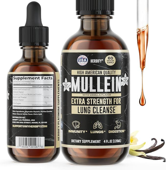 HERBIFY Mullein Drops - Lung Cleanse - Leaf Extract - Powerful Mullein for Immune Support, Detox & Respiratory Support - Made in USA - 4 Oz Vanilla Flavor