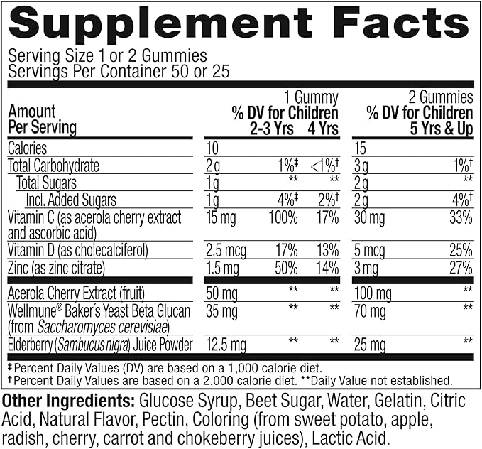 OLLY Kids Immunity Gummy, Immune Support, Wellmune, Elderberry, Vitamin C, Zinc, Chewable Supplement, Cherry - 50 Count