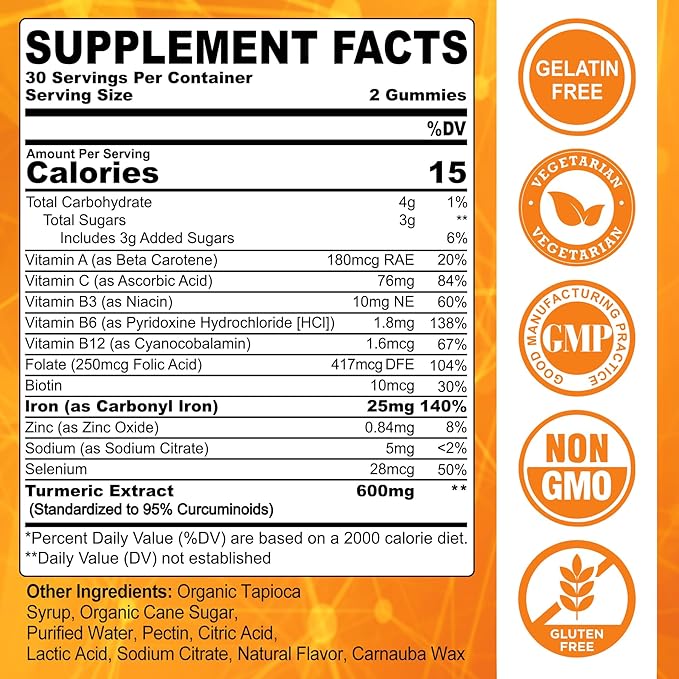 NEVISS Vegan Iron Gummies for Women & Men – Carbonyl Iron 25mg & Turmeric Extract 600mg with Vitamins C, A, B6, B12 & Folate Gummy Supplement for Energy, Immune & Red Blood Cell Support, 120Cts