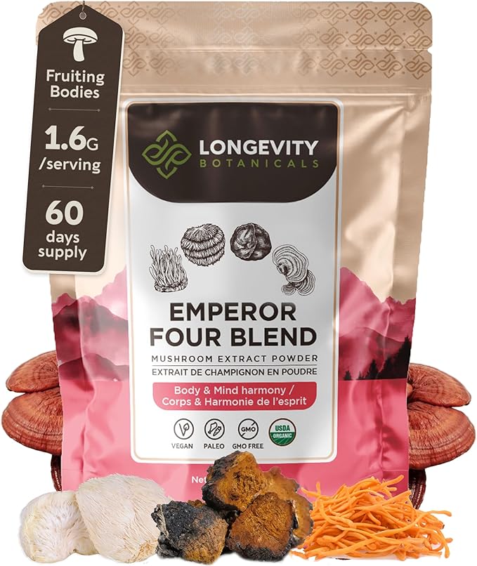 Longevity Botanicals Emperor 4 Organic Mushroom Blend 100g | Reishi, Lion’s Mane, Chaga, Cordyceps | Extract Powder Mix | 10:1 Ratio | 100% Fruiting Bodies | Complex for Immune & Vitality Support