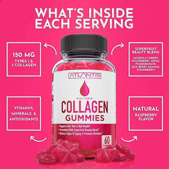 Atlantis Nutrition Collagen Peptides Gummies for Women - Formulated with Type I & III - Vitamin & Superfruit Beauty Blend - Formulated to Support Hair, Nail & Skin Health | 60 Count