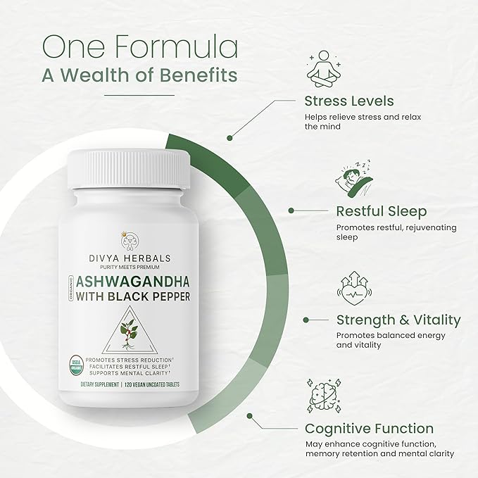 Organic Ashwagandha with Black Pepper - Whole Root - Supports Stress Relief, Mood & Energy – 120 Uncoated Vegan Tablets