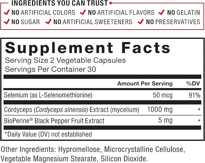 FORCE FACTOR Cordyceps Capsules with 1000mg of Cordyceps Sinensis Mushroom Extract, Traditionally Used to Improve Vitality, with BioPerine for Quick Absorption, Key Natural Ingredients, 60 Capsules