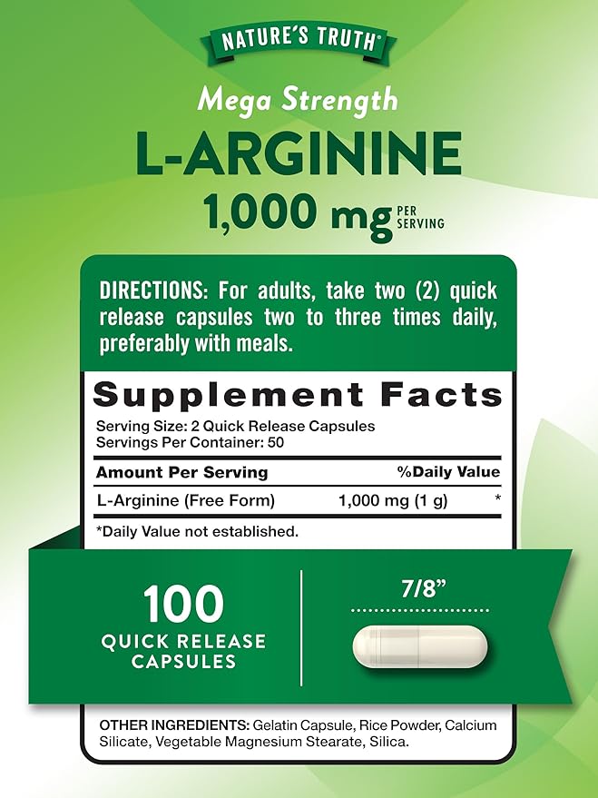 Nature's Truth L-Arginine 1000mg | 100 Capsules | Mega Strength | Non-GMO & Gluten Free Supplement