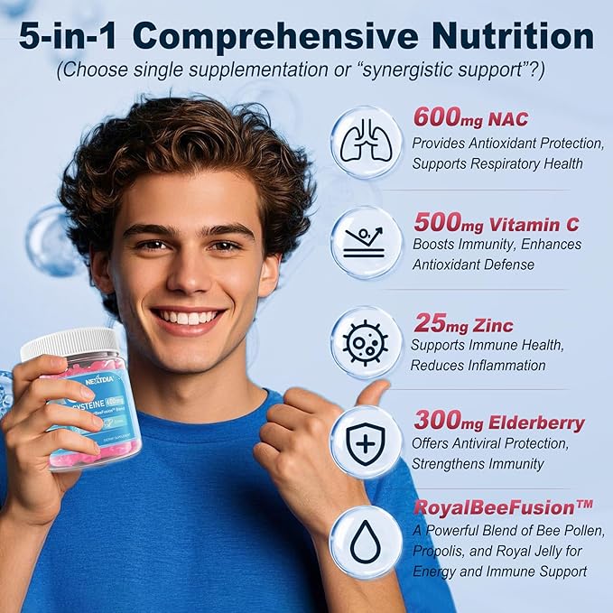 NAC Gummies for Adults & Kids 7+, 600mg N-Acetyl Cysteine Supplement w/Vitamin C, Zinc, Elderberry for Respiratory, Liver, Immune & Antioxidant Support, Sugar-Free Alternative to NAC Capsules, 120 Ct