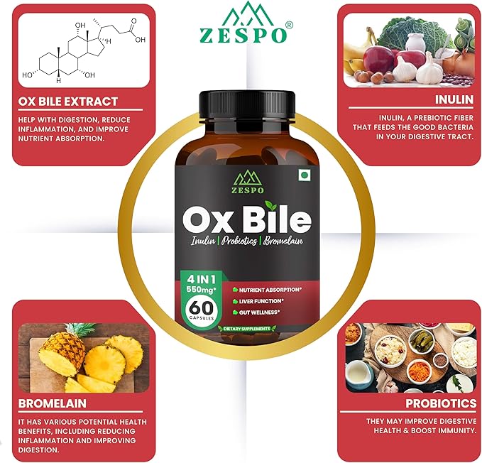 Ox Bile 550MG – Digestive Enzymes & Gut Health Support with Inulin, Probiotics & Bromelain – 60 Capsules