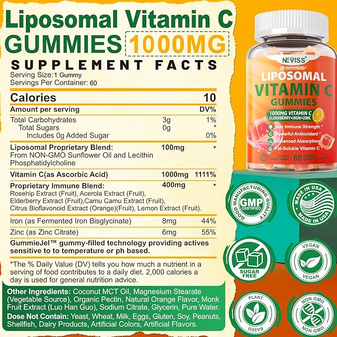 Liposomal Vitamin C 1000mg Gummies for Adults - Vitamin C Chewable 1500mg with 8mg Iron, Zinc & Elderberry - Immune Support, Immune Booster Supplement - for Energy, Collagen Booster, 2Pack Sugar Free