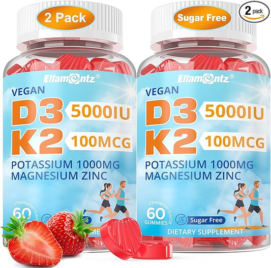 Sugar Free Vitamin D3 5,000IU K2 (MK7) Magnesium Glycinate Potassium Gummies | Vegan Organic D3 K2 Vitamin | Potassium 1000mg | Vitamin K2 D3 Supplement for Women Men | Mood & Immune Support, 120Cts