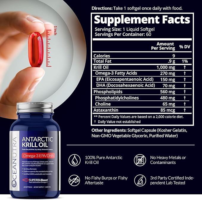 100% Pure Krill Oil 1000mg, Omega 3, Highest Concentration 56% Phospholipids, Choline & Astaxanthin, Sustainable Antarctic SuperbaBoost, DHA, EPA, Heart, Brain, Eye & Skin Care, No Fish Oil