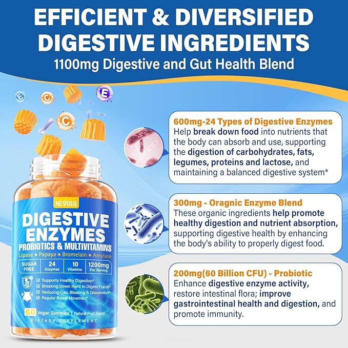 Digestive Enzymes with Probiotic Gummies, Multivitamins, Calcium, Magnesium - All 24 Essential Chewable Multi Enzymes - Papaya, Lipase, Amylase, Bromelain - Breaking Down Carbs, Proteins, Fats, 2Packs