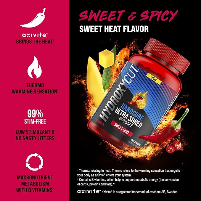 Hydroxycut Hardcore Ultra Shred Gummies, Sweet Heat - 99% Stimulant Free - Includes Capsaicin & B Vitamins - for Women & Men