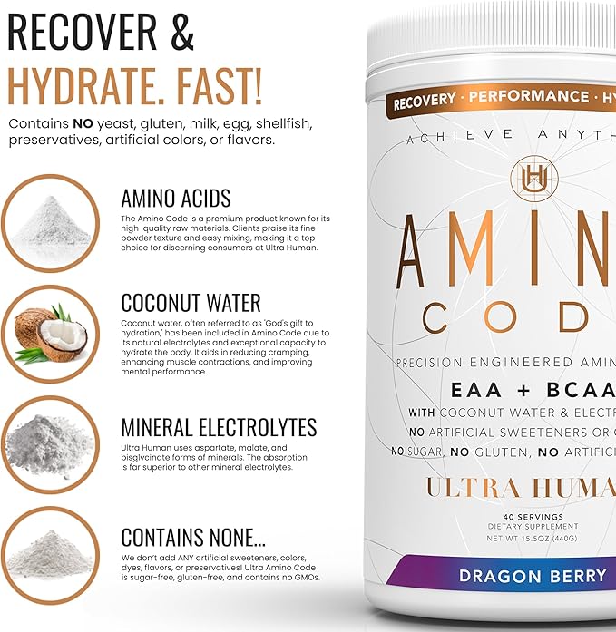 Amino Code | Essential Amino Acids + BCAAs + Coconut Water Electrolytes | Fast Hydration Workout Recovery Flavored Amino Energy Powder Drink | Clean Formula, 40 Servings - Dragonberry
