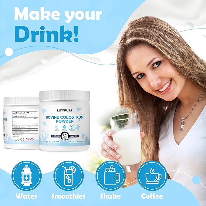 Colostrum Supplement for Gut Health, Hair Growth, Beauty and Immune Support | Rich IgG Pure Bovine Colostrum for Humans | Gluten Free, Made in USA, Unflavored