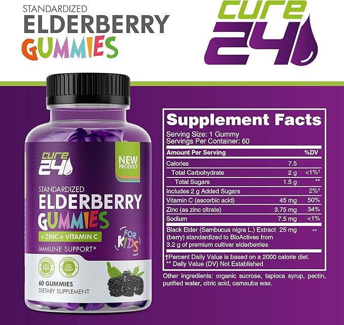 Sambucus Elderberry Gummies + Vitamin C + Zinc for Kids, X3 Immune Support, Natural Flavors + Ingredients, Vegan, Non-GMO, 60 Count, Made in USA