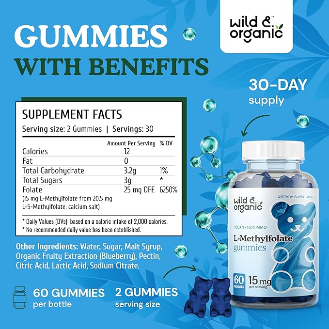 Wild & Organic L-Methylfolate 15mg Gummies - Mood & Brain Support - Folate 5-MTHF Supplement for Brain, Focus, Clarity - Folate Supplement w/Vitamin B9-60 Non-GMO L Methylfolate Gummies