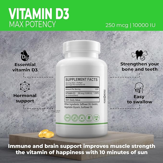 Strength Vitamin D3 10000 IU (250 mcg), Dietary Supplement for Bone, Teeth, Muscle and Immune Health Support, 60 Softgels, 60 Day Supply