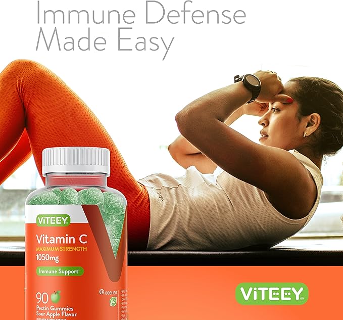 Vitamin C Gummies for Adults & Teens, 1050mg Maximum Strength - Immune Support Gummies - Immune Booster - Vegan, Gelatin Free, Gluten Free - Tasty Vitamin C Chewable Sour Apple Flavored Gummy