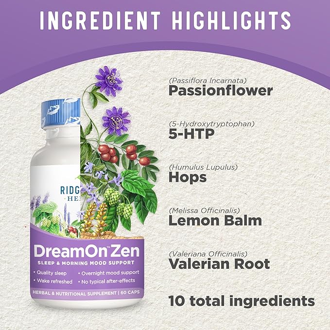 Ridgecrest Herbals DreamOn Zen, Sleep Support Supplement, Melatonin Free, Magnesium, 5-HTP, Lavender, Chamomile, Valerian, Lemon Balm for Adults and Children 12+ (60 Caps, 30 Serv)