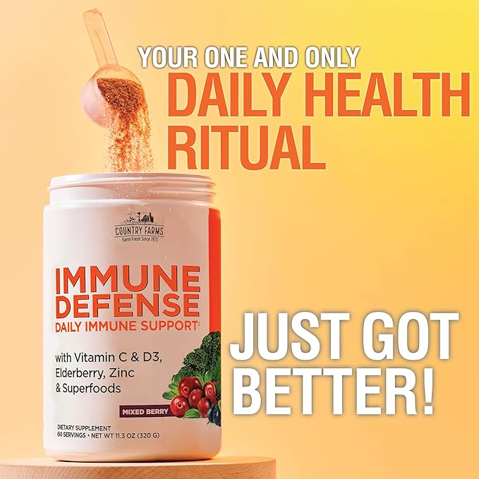 COUNTRY FARMS Immune Defense Superfoods, Immune Support Supplement, Vitamin C with Black Elderberry, Echinacea, Turmeric, Supports Hydration, with Probiotics and Prebiotics, Berry Flavor, 60 Servings