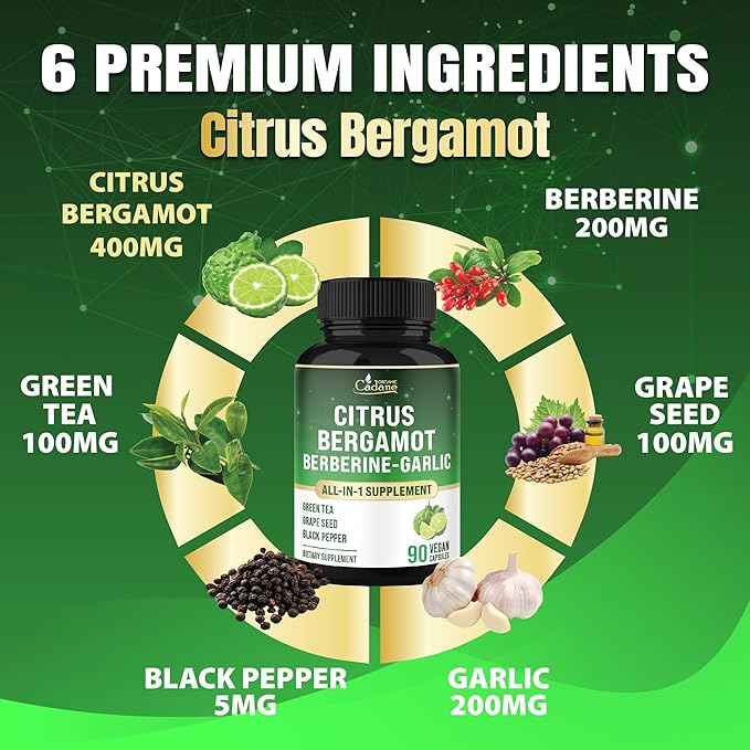 Organic Cadane Citrus Bergamot Supplement with Berberine, Garlic, Green Tea, Grape Seed & Black Pepper | Wellness & Vitality Support | Vegan, Non-GMO – 90 Capsules – 45-Day Supply