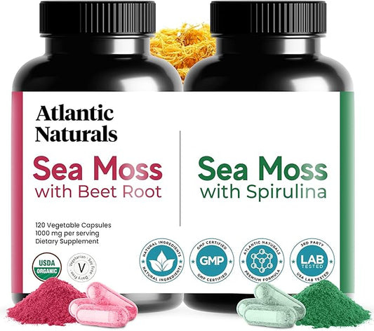 Atlantic Naturals Sea Moss Superfood Bundle - Sea Moss with Beet Root & Spirulina Capsules - Defense Support, Blood Flow, Joint Health & Iron - 240 Capsules (2 x 120 ct)