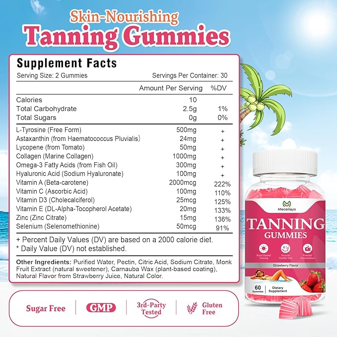2 Pack Tanning Gummies for Women and Men, Daily Tanning Gummies with L-Tyrosine, Astaxanthin That Work Fast Without Sun for Skin Health & Glow, Sugar Free, Non-GMO, Strawberry Flavor, 120 Gummies