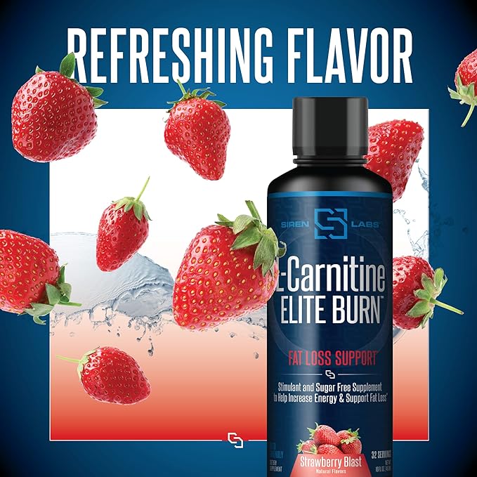 Siren Labs L-Carnitine Elite Burn Liquid Keto Fat Burner and Metabolism Activator - Fat Loss Support Keto Friendly Weight Loss Increase Energy - Stimulant Free - Strawberry Blast 3000mg (32 Servings)