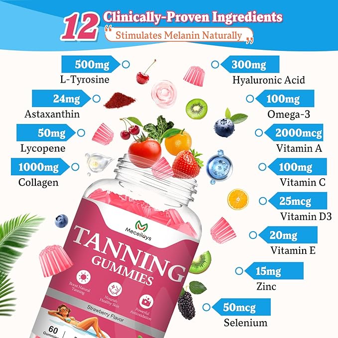 2 Pack Tanning Gummies for Women and Men, Daily Tanning Gummies with L-Tyrosine, Astaxanthin That Work Fast Without Sun for Skin Health & Glow, Sugar Free, Non-GMO, Strawberry Flavor, 120 Gummies