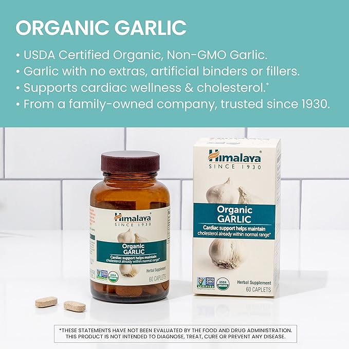Himalaya Organic Garlic, for Lipid Metabolism and Immune Support, 1,400 mg, 60 Caplets, 1 Month Supply