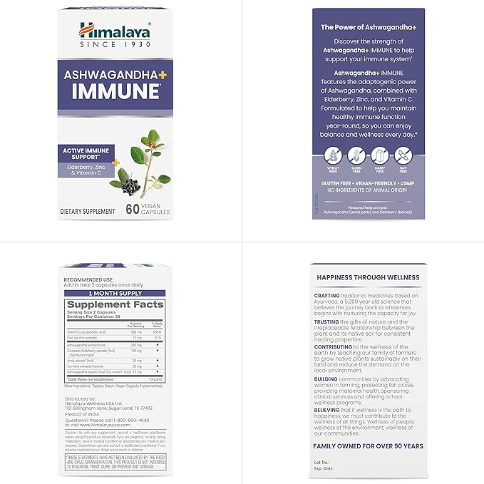 Himalaya Ashwagandha+ Immune with Ashwagandha, Elderberry, Zinc & Vitamin C for Active Immune Support, 60 Capsules, 1 Month Supply, Vegan, Gluten Free