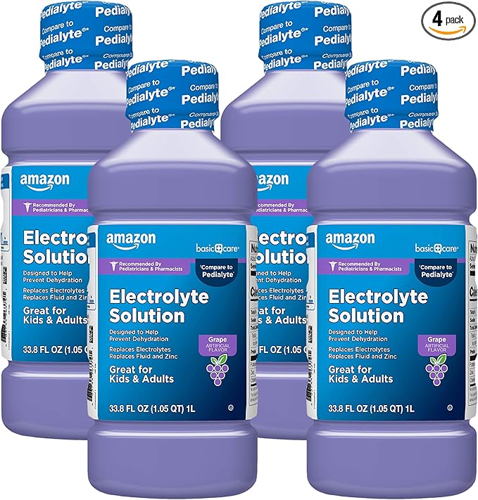 Amazon Basic Care Pediatric Electrolyte Solution, Grape Flavor, Helps Prevent Dehydration, Replaces Electrolytes, Fluid and Zinc, for Kids and Adults, 33.8 fl oz (Pack of 4)