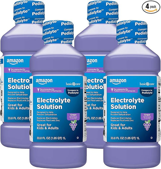 Amazon Basic Care Pediatric Electrolyte Solution, Grape Flavor, Helps Prevent Dehydration, Replaces Electrolytes, Fluid and Zinc, for Kids and Adults, 33.8 fl oz (Pack of 4)