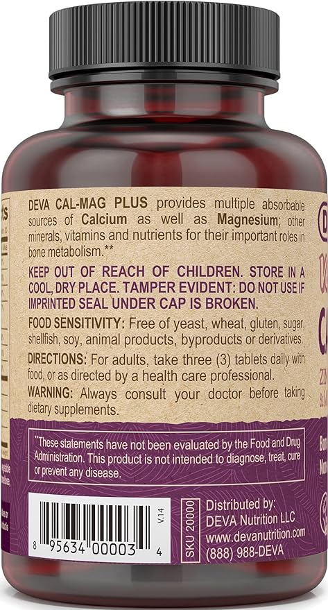 DEVA Vegan Calcium Magnesium Supplement Plus, Zinc, Vitamin C, Vitamin D, Vitamin K, Boron, Sugar Free & Gluten Free, 90-Tablets