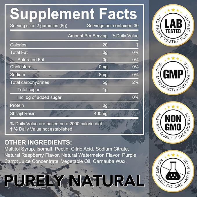 Pure Himalayan Shilajit Gummies for Men & Women, Rich in 85+ Micronutrients, 100% Natural & Organic Shilajit Gummies Shilajit for Men, Energy, Brain, Immunity Boost, No Added Sugar Non-GMO, 60 Count