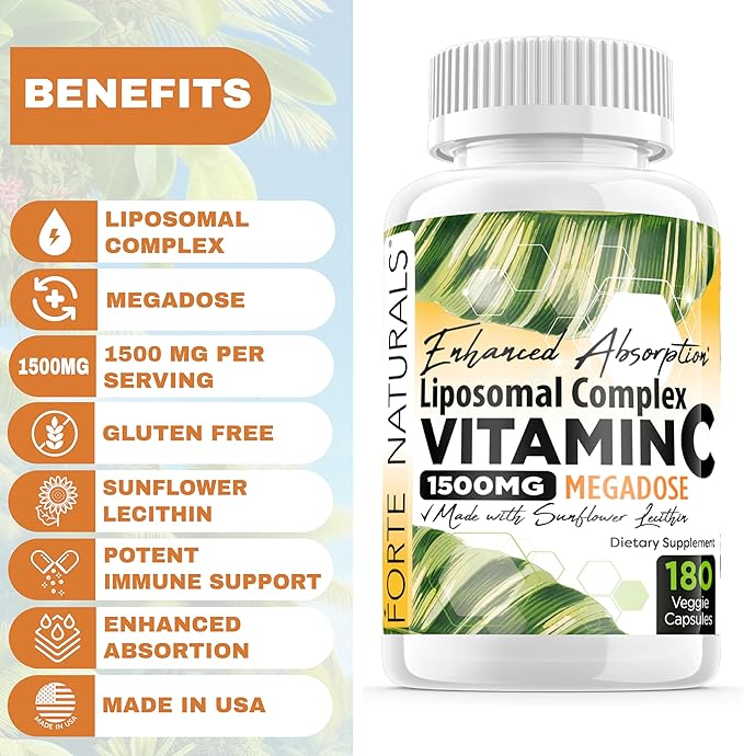 High Dose Vitamin C 1500mg Liposomal C Complex Supplement with Sunflower Lecithin Capsules Supplements Clogged Milk Sunflower Lecithin 180 Capsules Celebration Vitamins