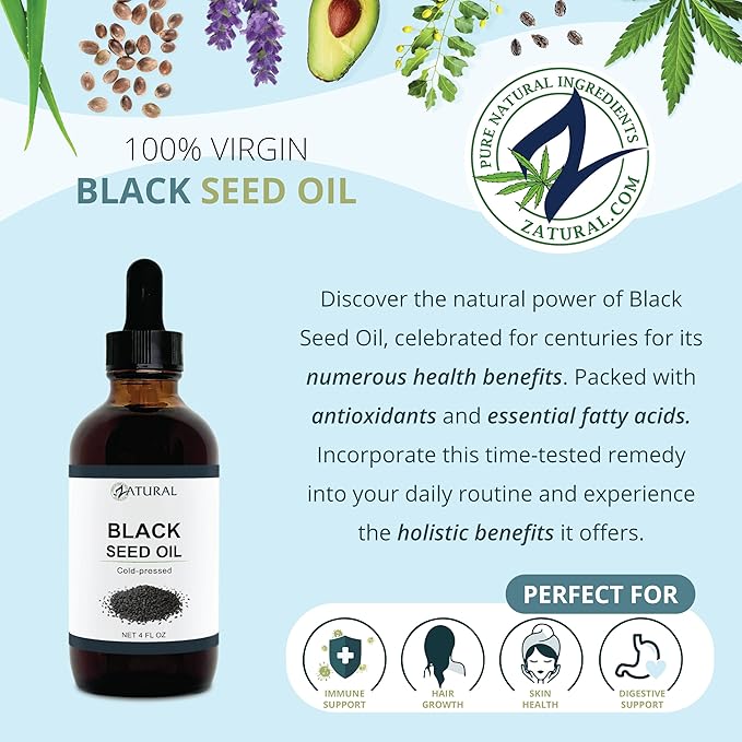 Zatural Black Seed Oil Nigella Sativa Cold Pressed Cumin Oil Digestion, Skin, Brain, Immune, Joints & More (4 Fl Oz)